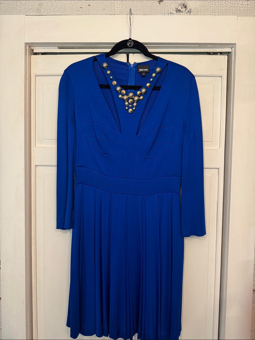 Just Cavalli Royal Blue Long Sleeve V‑Neck Pleated Dress with Embellished Collar